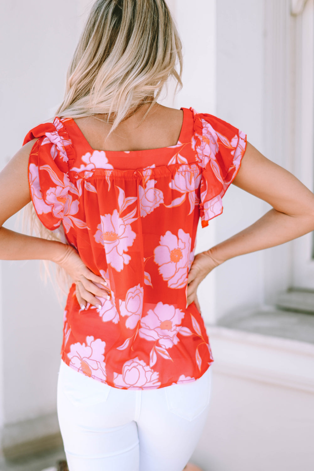 Fiery  Floral Square Neck Ruffle Sleeve Blouse | Red