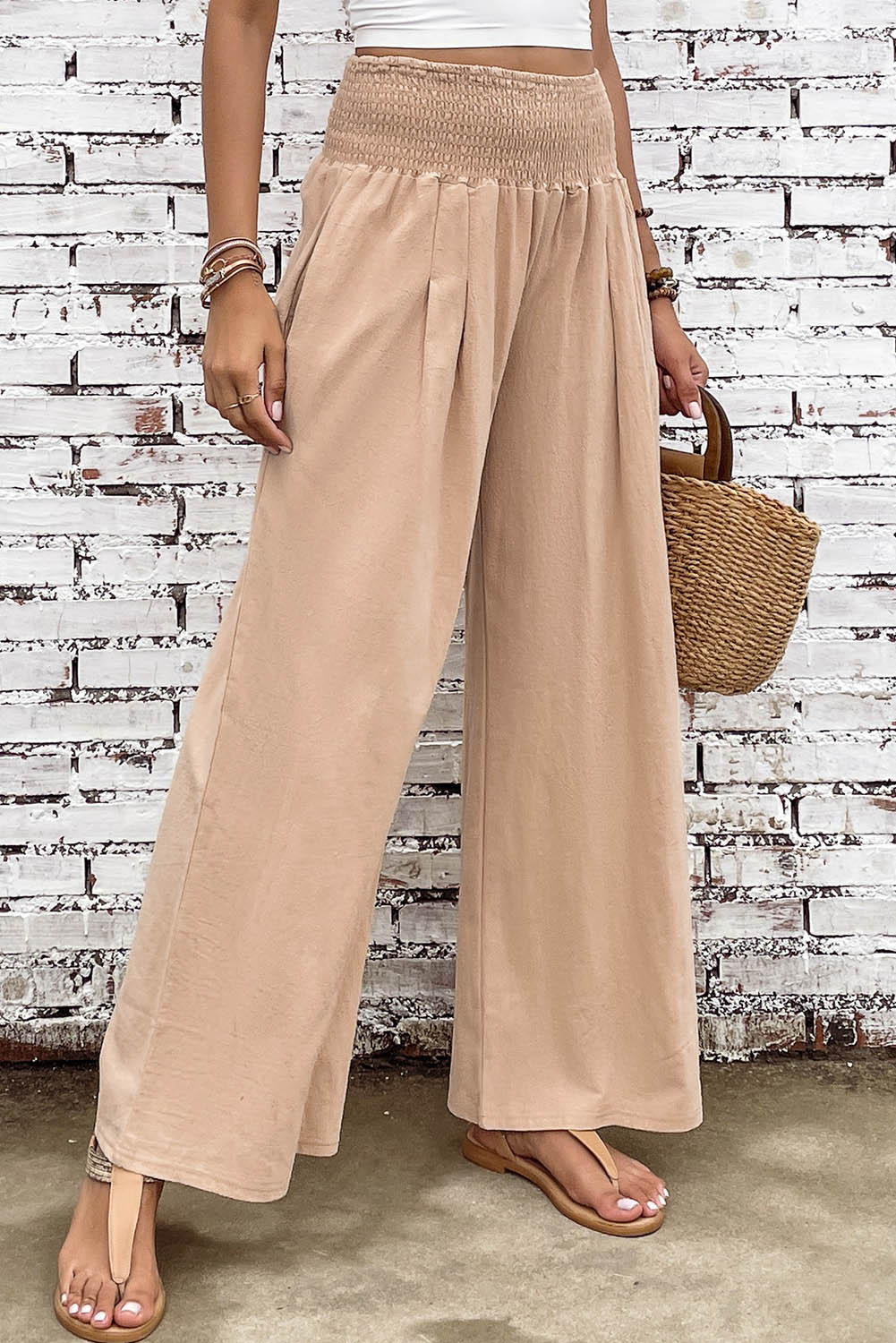 Smocked Wide Waistband High Waist Wide Leg Pants | Khaki