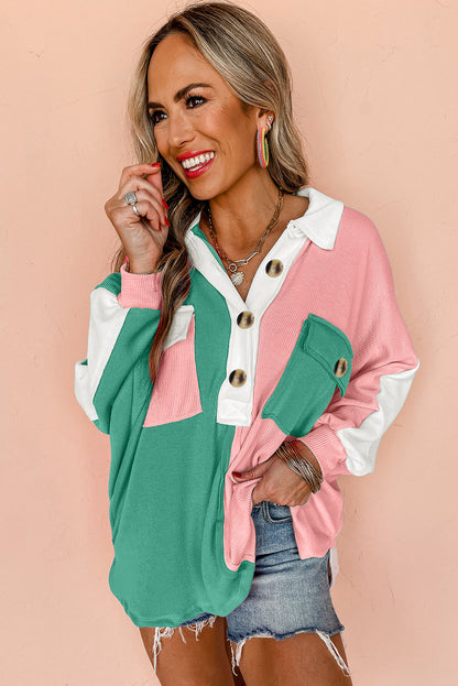 Colourblock Ribbed Collared Oversized Sweatshirt | Pink