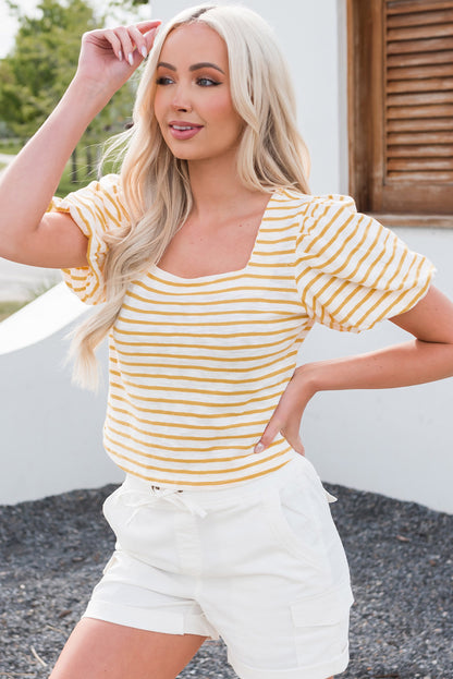 Square Neck Bubble Sleeve Top | Stripe