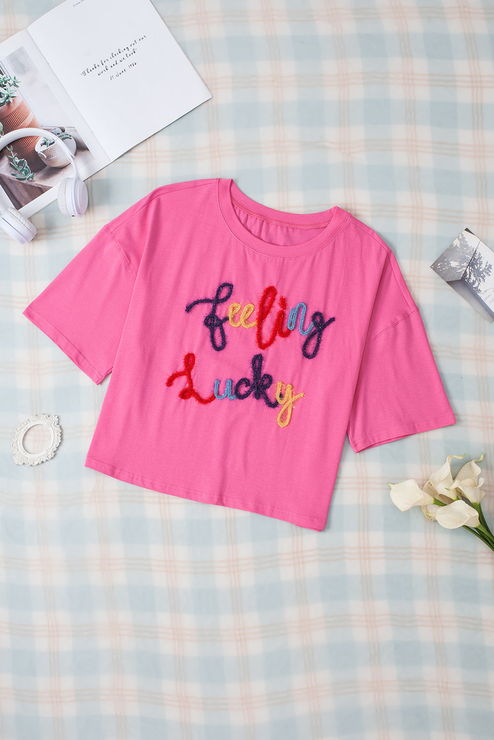 Feeling Lucky Embroidered Letter Graphic Half Sleeve Top | Bonbon