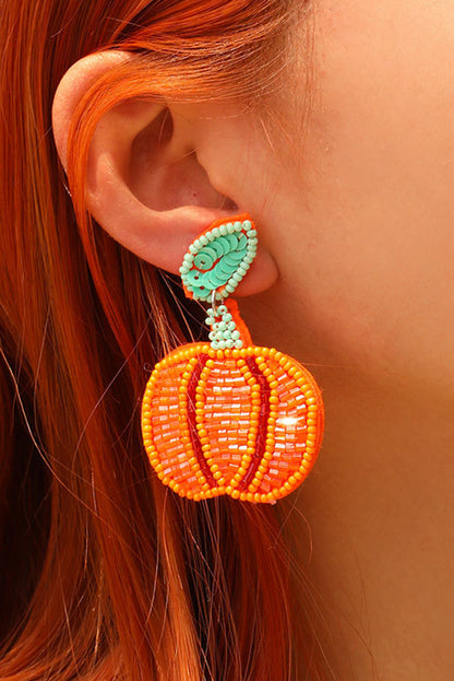 Halloween Pumpkin Rice Beaded Drop Earrings | Orange