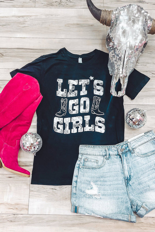 Black LETS GO GIRLS Boots Print Crew Neck T Shirt