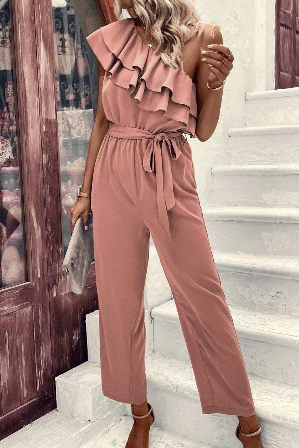 One Shoulder Ruffle Trim Belted Jumpsuit | Dusty Pink