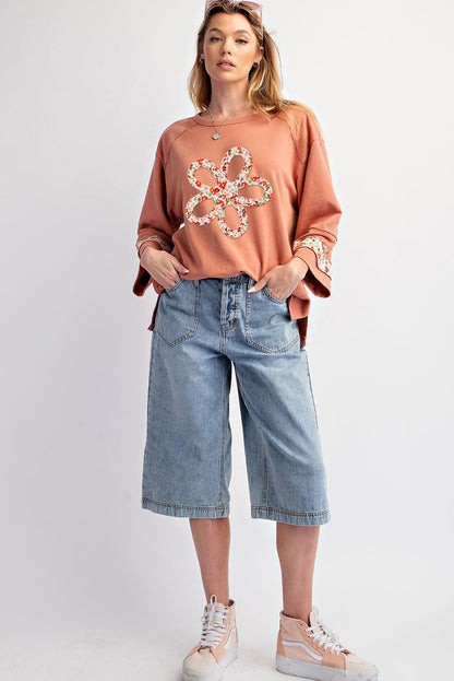 Flower Patch Graphic Exposed Seam Wide Sleeve Top | Grapefruit Orange