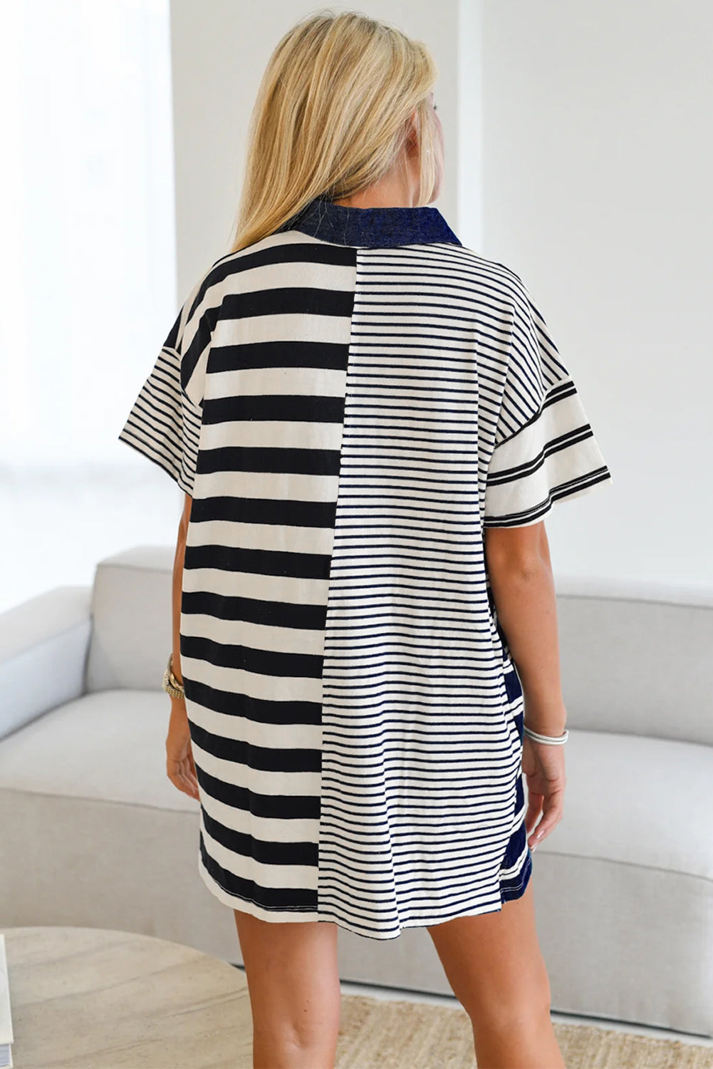 Half Placket Polo T Shirt Dress | Black Stripe