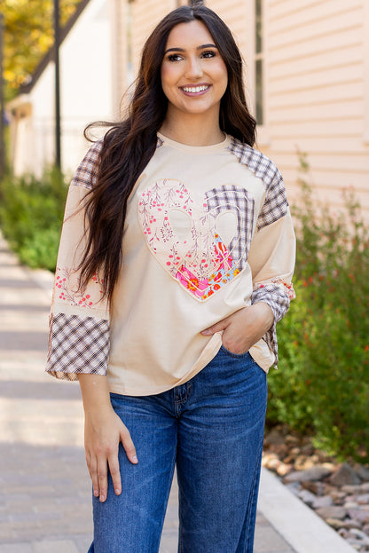 Plaid Floral Peace Heart Graphic Wide Long Sleeve Top | Beige