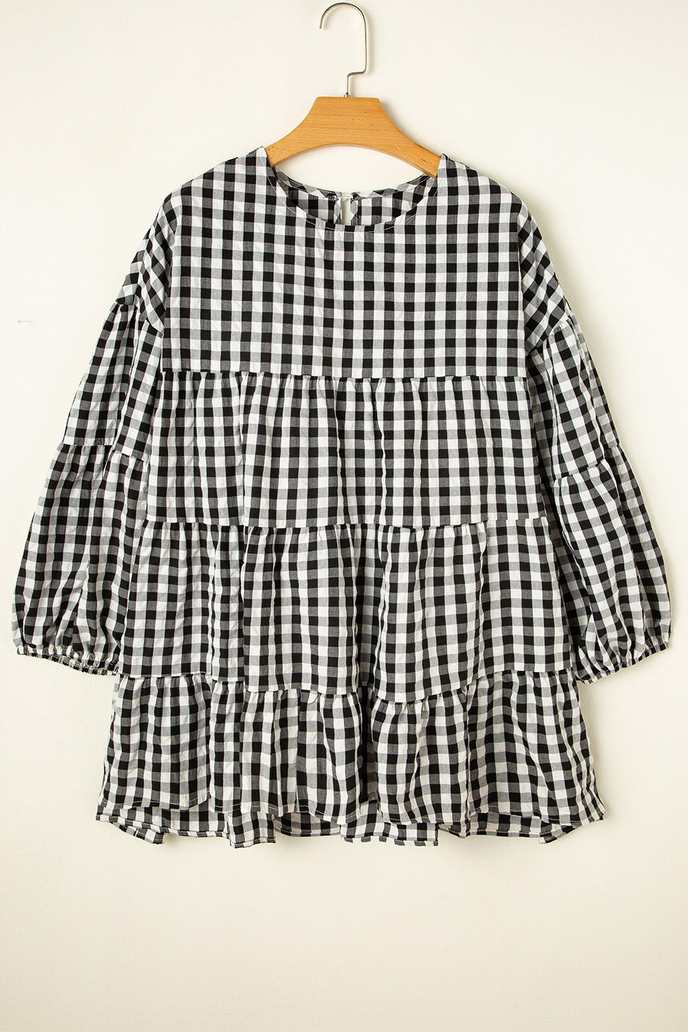 Checkered Puff Sleeve Tiered Loose Babydoll Blouse | Black