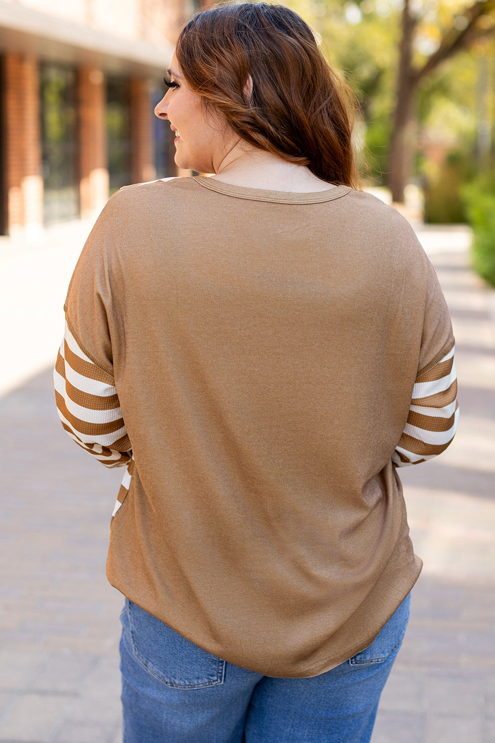 Striped Checkered Mixed Print Chest Pocket Casual Plus Size Top | Khaki