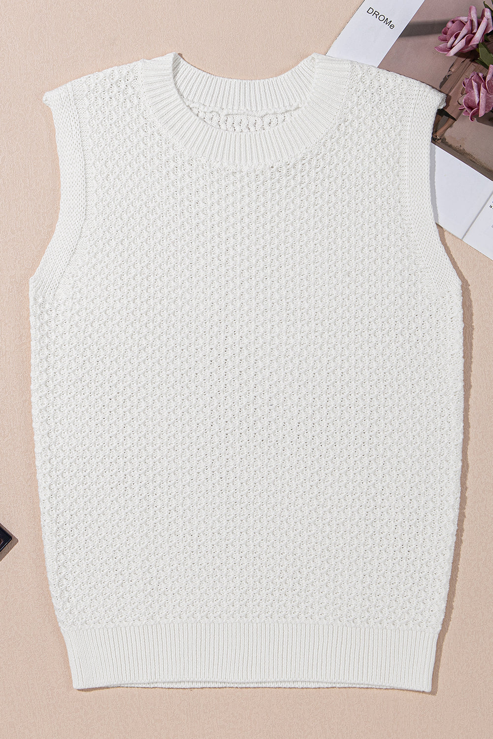 Solid Colour Eyelet Knit Crew Neck Sweater Vest | White