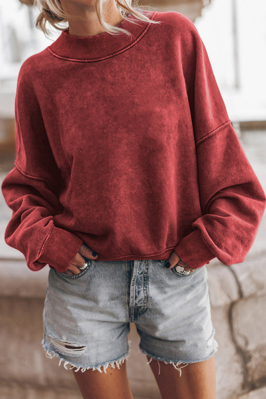 Red Dahlia Drop Shoulder Crew Neck Pullover Sweatshirt