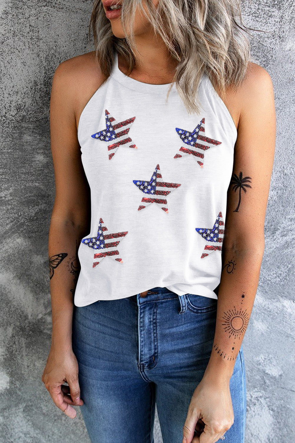 Sequined American Flag Star Graphic Tank Top | White