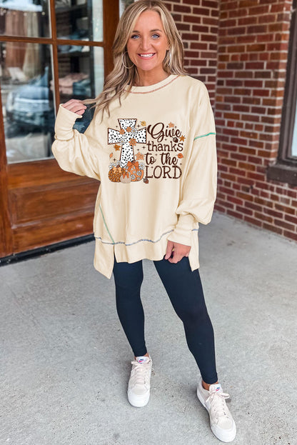 Give Thanks To The Lord Graphic High Low Hem Loose Sweatshirt | White