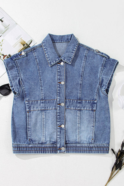 Acid Wash Elastic Hem Button Up Denim Vest | Ashleigh Blue