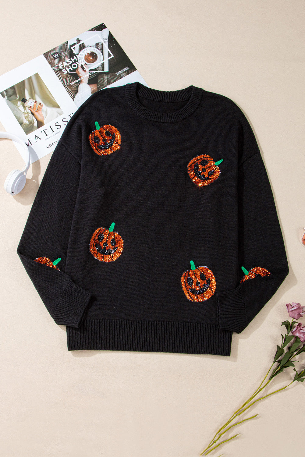 Plus Size Halloween Sequined Pumpkin Pattern Sweater | Black