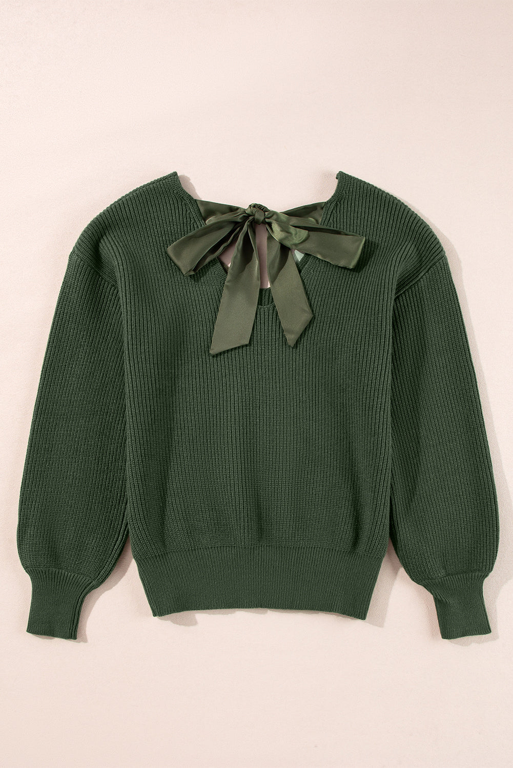 Lantern Sleeve V Neck Knot Back Sweater | Jungle Green