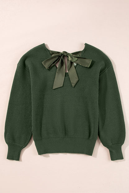 Lantern Sleeve V Neck Knot Back Sweater | Jungle Green