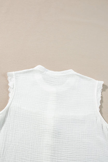 Lace Trim Crinkle Knot Hem Sleeveless Shirt | White