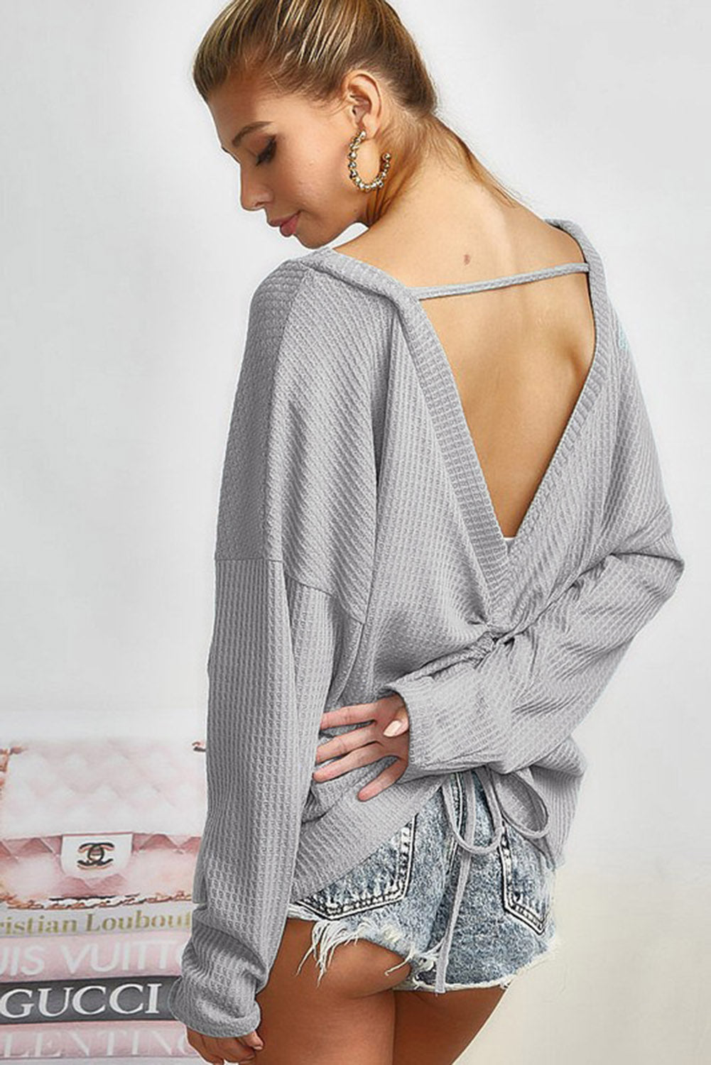 V Cut Drawstring Back Waffle Knit Long Sleeve Top | Gray