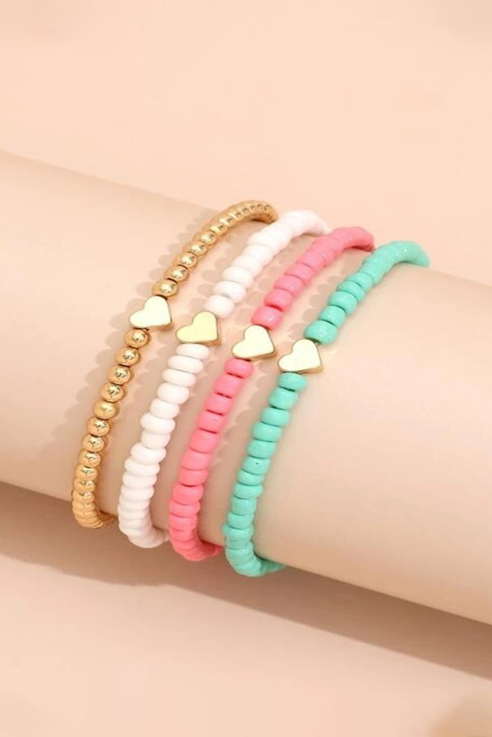 Heart Beaded Multi Layered Bracelet Set | Pink