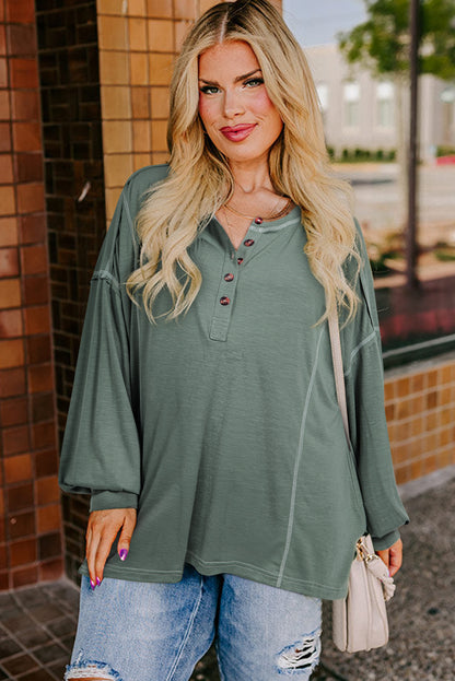 Plus Size Exposed Seam Drop Shoulder Henley Top | Seagrass