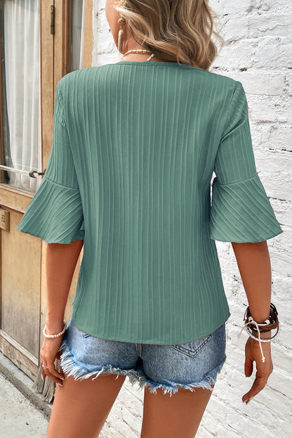 Ruffled Half Sleeve V Neck Textured Top | Grass Green