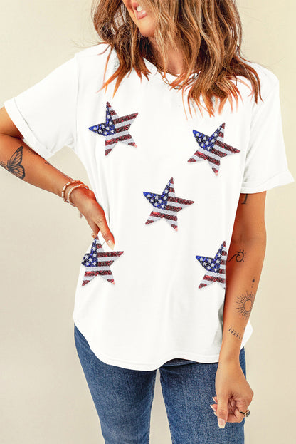 Sequined American Flag Star Graphic T Shirt | White