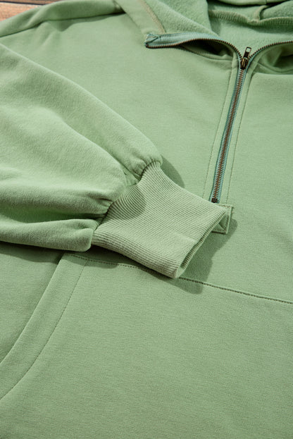 Fleece Lined Half Zipper Kangaroo Pockets Loose Hoodie | Smoke Green