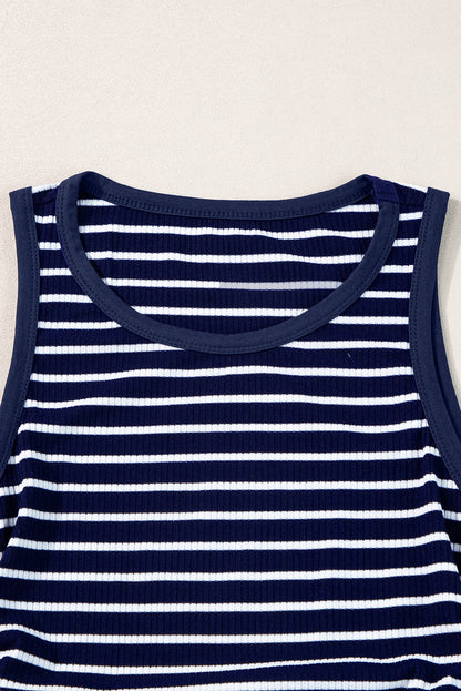 Contrast Round Neck Sleeveless Slim Top | Blue Stripe