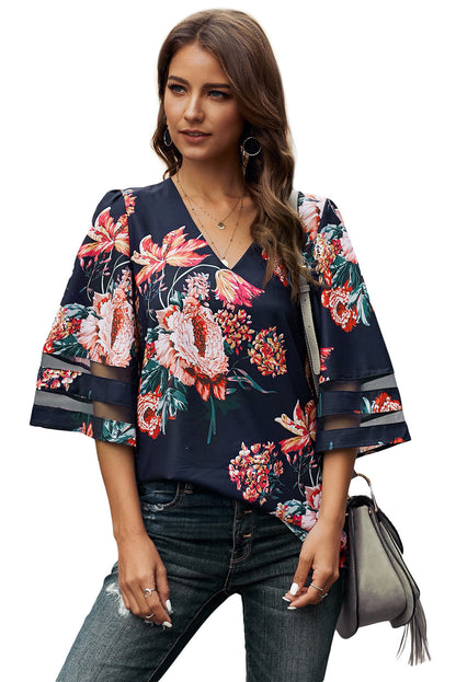 Fiery  3/4 Flared Sleeve Floral Blouse | Red