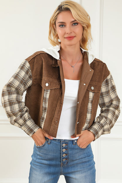 Plaid Patchwork Distressed Hooded Cropped Jacket | Brown