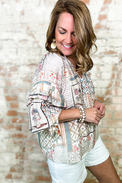 Boho Floral Patched Ruffled Sleeve Tied Neck Blouse | Multicolour