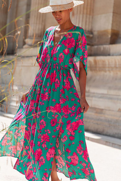 Printed V Neck Short Sleeve Split Flared Maxi Dress | Sea Green