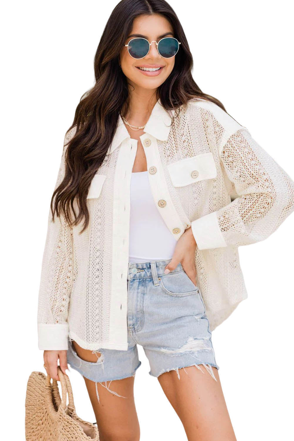 Lace See-Through Button Collared Shacket | Beige