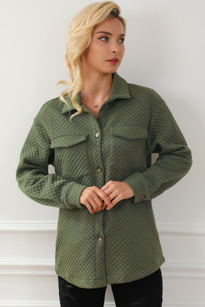 Retro Quilted Flap Pocket Button Shacket | Green