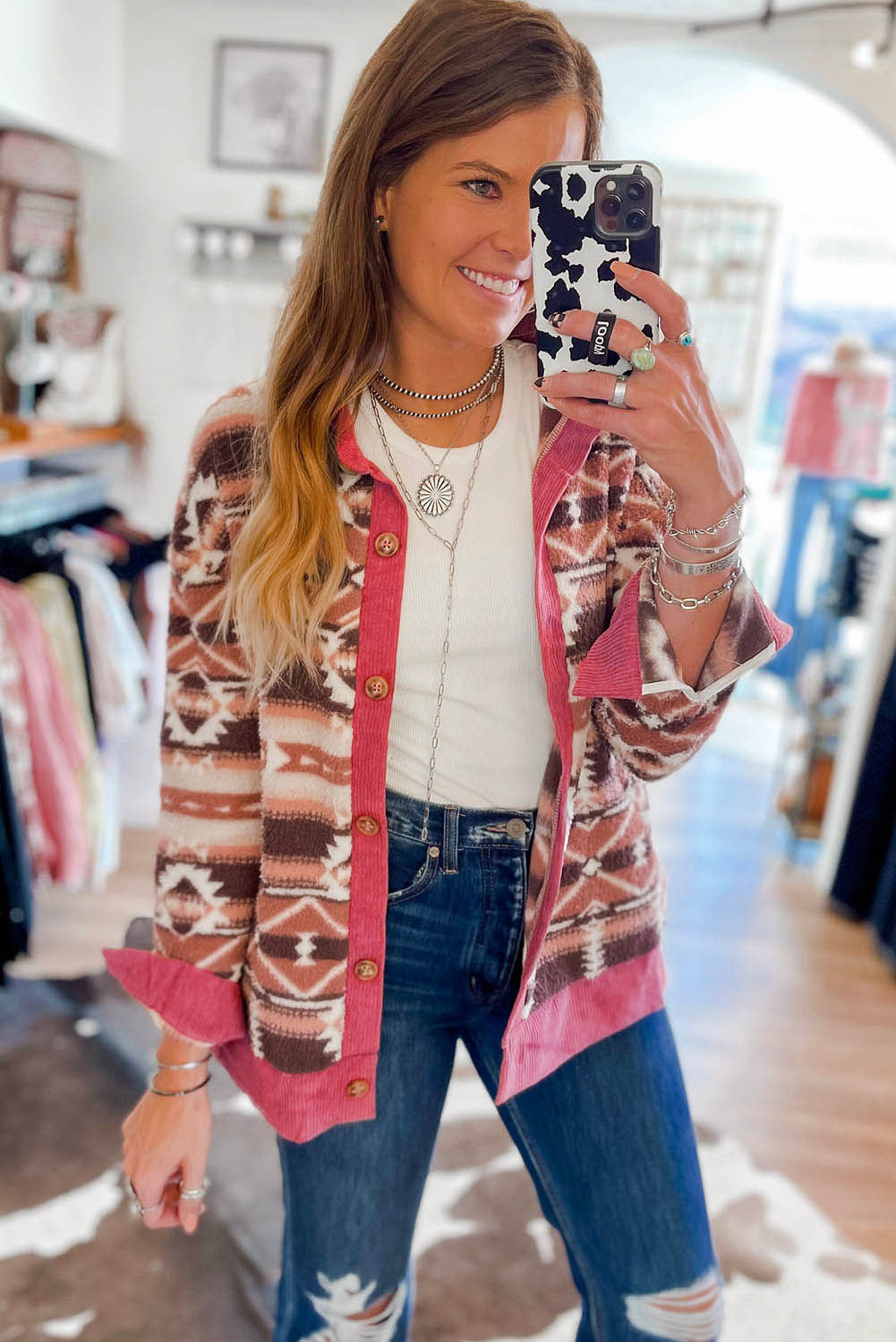 Western Sherpa Textured Trim Jacket | Pink