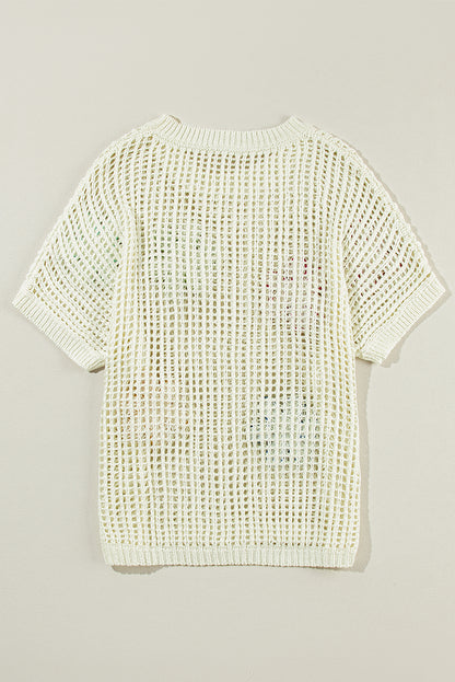 Crochet Flower Hollow-Out Sweater T Shirt | White