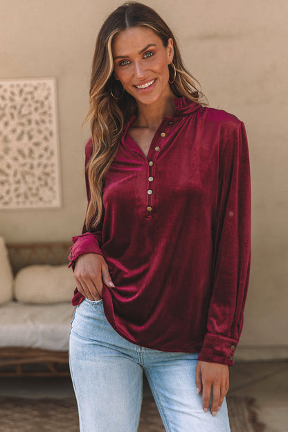 Burgundy Frilled Neck Buttoned Front Velvet Top | Biking Red