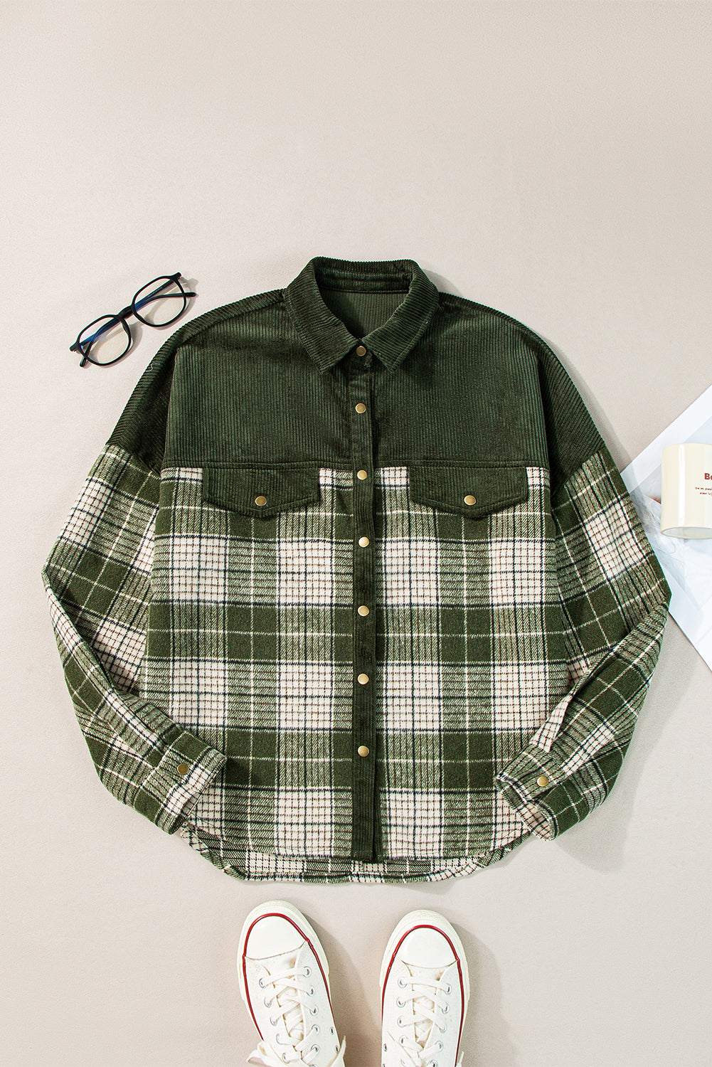 Snap Buttons Colourblock Plaid Shacket | Blackish Green