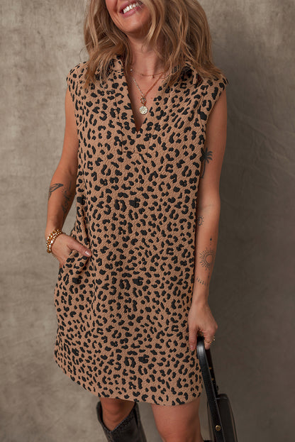 Leopard Print V Neck Sleeveless Collared Mini Dress | Khaki