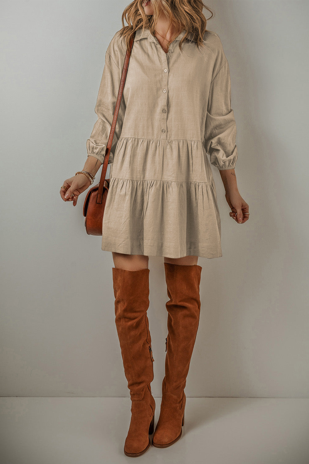 Puff Sleeve Buttoned Tiered Pleated Shirt Mini Dress | Tan