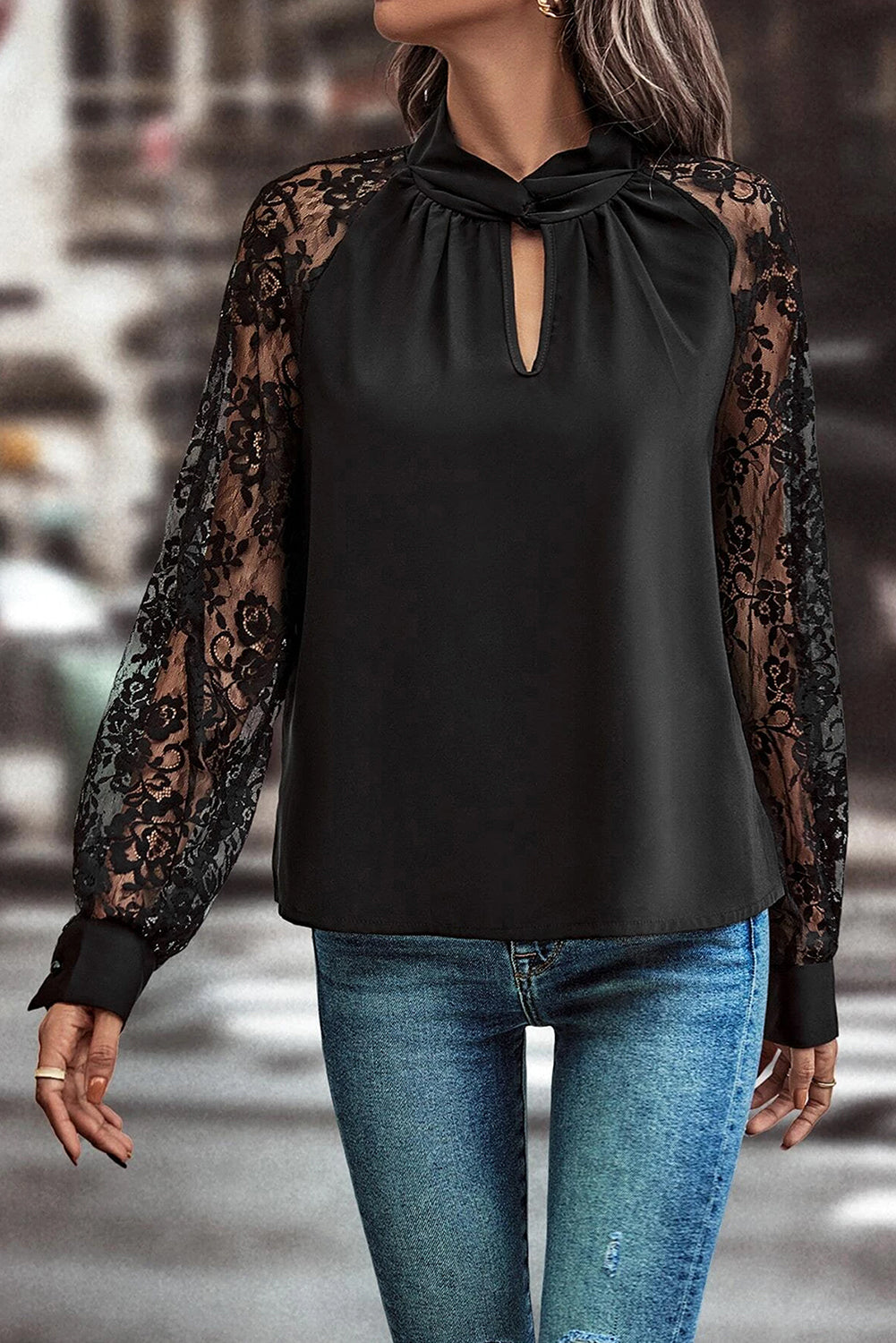 Keyhole Neckline Floral Lace Raglan Sleeve Blouse | Black