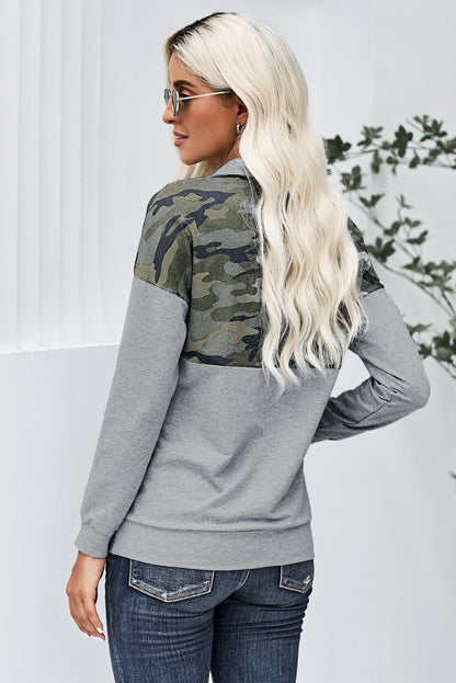 Camo Splice Gray Kangaroo Pocket Zip Collar Sweatshirt | Green