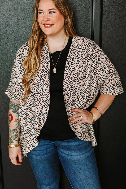 Khaki Plus Size Leopard Print Half Sleeve Open Front Cardigan