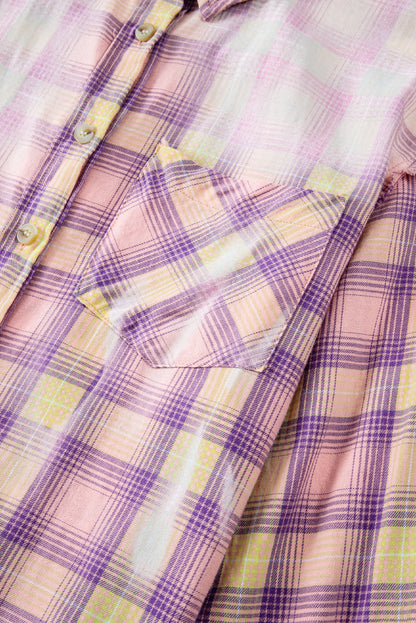 Bleached Plaid Print Exposed Seam Shirt | Purple