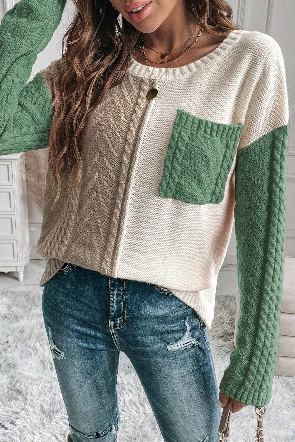 Colourblock Patched Pocket Drop Shoulder Sweater | Vineyard Green