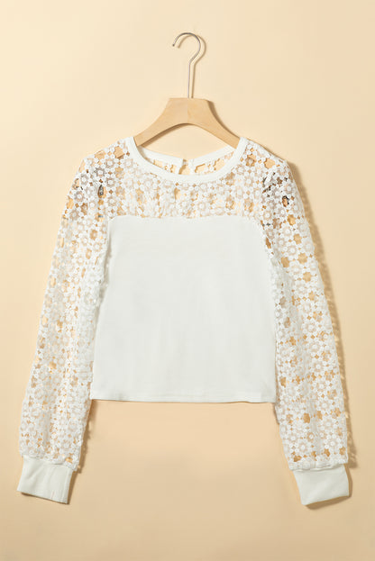 Hollowed Floral Lace Splicing Long Sleeve Top | White