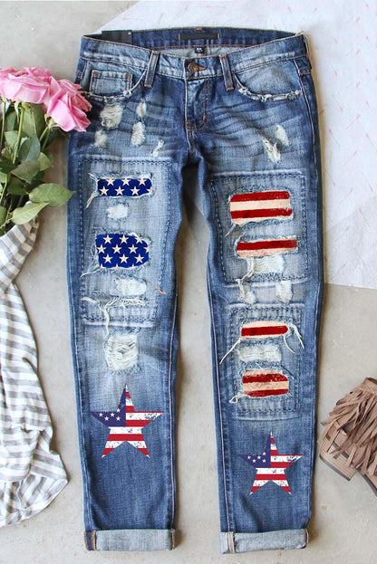 American Flag Patched Distressed Jeans | Sky Blue