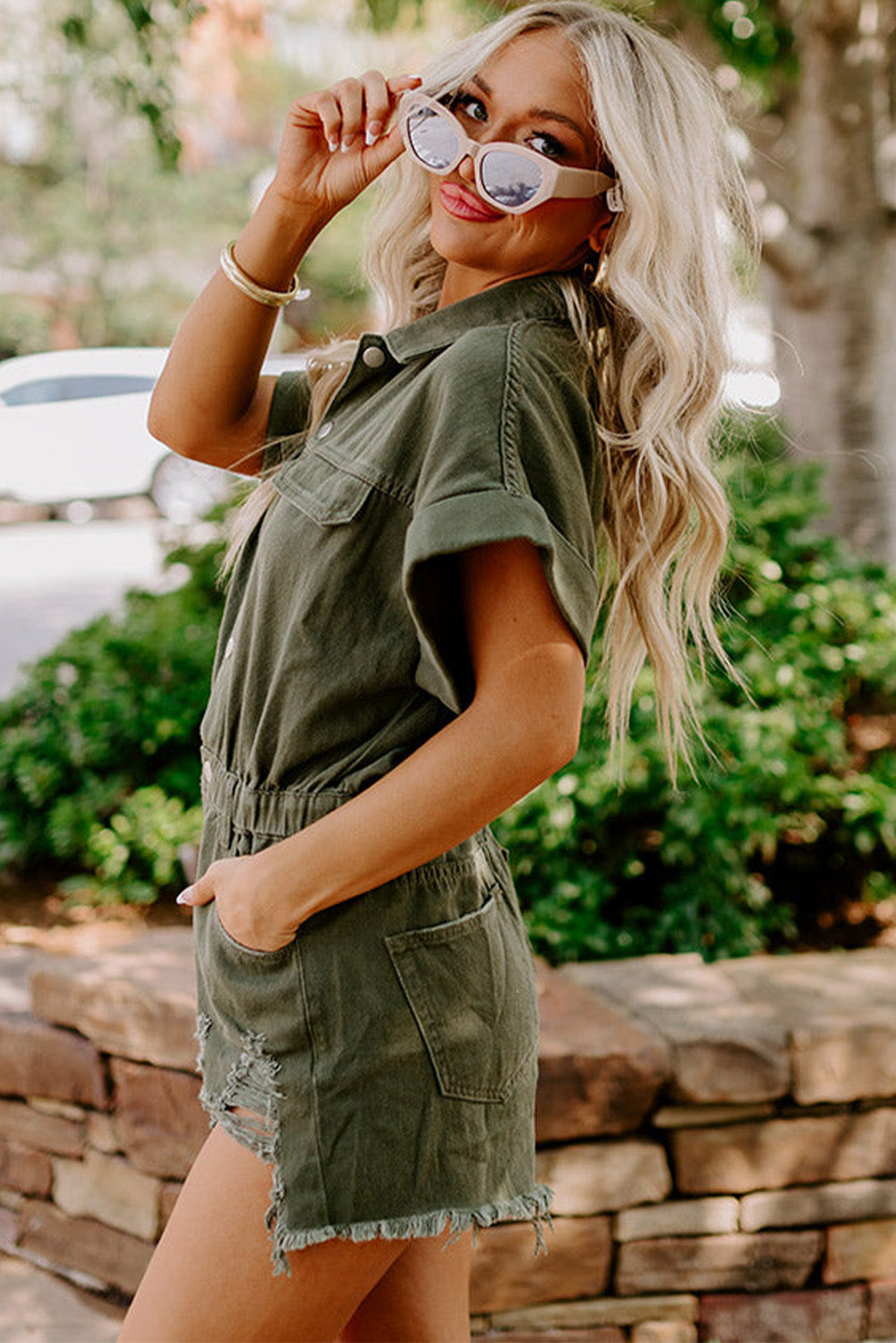 Distressed Frayed Denim Romper | Moss Green