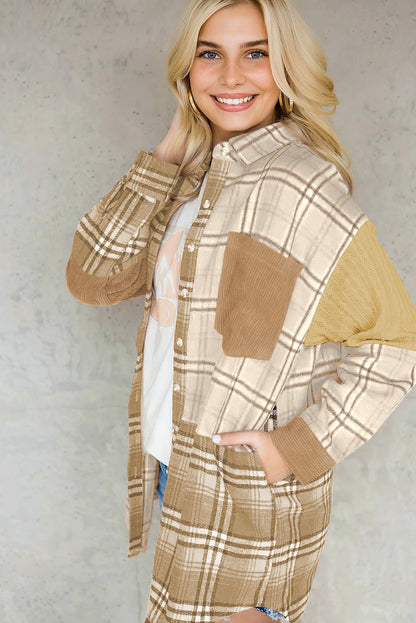 Plaid Colour Block Patchwork Shirt Jacket With Pocket | Khaki